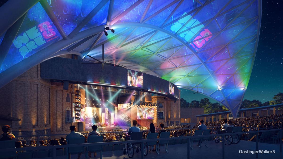 A rendering of Starlight Theatre in Kansas City following renovations to add a new production light bridge and canopy over seats.