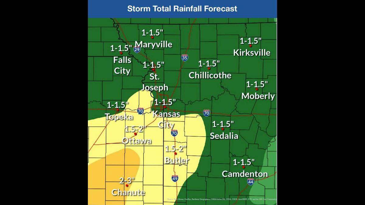 Rain showers and and few thunderstorms will sweep through the Kansas City region, bringing one to two inches of rain across a widespread area, the National Weather Service said. Pooling and ponding of water is also possible, but the overall flooding risk is low.