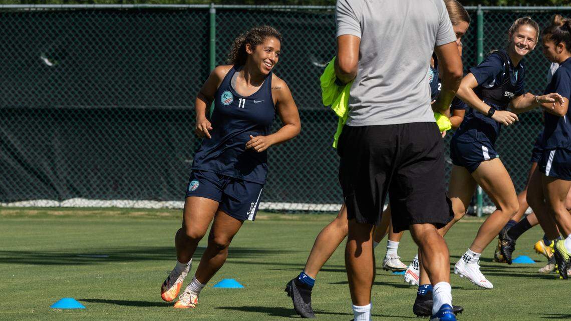 Fresh off a gold-medal showing with the Canadian national women’s team at the Tokyo Olympics, midfielder Desiree Scott was a welcome addition at Tuesday’s KC NWSL practice at Swope Soccer Village.