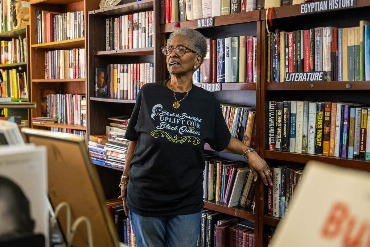 Willa Robinson, owner of Willa’s Books and Vinyl in Kansas City on Thursday, July 10, 2025. Willa’s closed over the summer as Robinson went into retirement. It was the oldest Black-owned bookstore in Missouri. But the KC Defender, a local advocacy and media group, has plans for the space. 