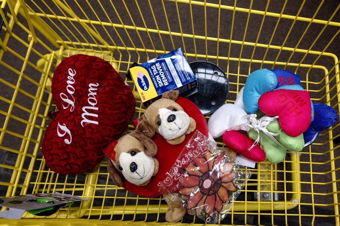 A shopping cart sports items bound for sale at Troost39 Thrift Store, 3922 Troost Ave., on Thursday, Jan. 15 2026, in Kansas City. 