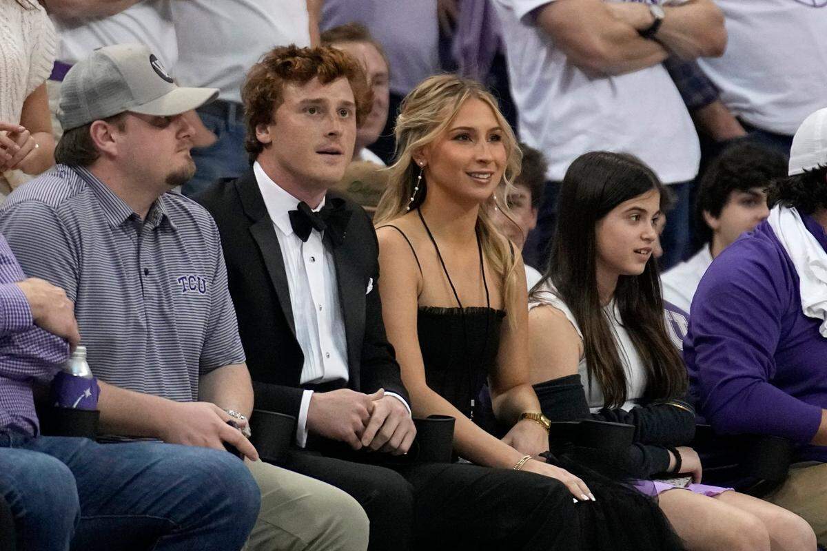 TCU quarterback Max Duggan watches the Horned Frogs play against Kansas in the second half on Monday, Feb. 20, 2023, in Fort Worth, Texas.