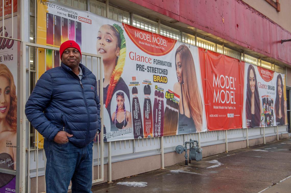 Roderick Reed stands outside Beauty Essence in Kansas City on Saturday, Jan. 8, 2022. Reed said that he was traumatized after watching two police officers slam a woman’s head on the ground near the store on May 24, 2019.