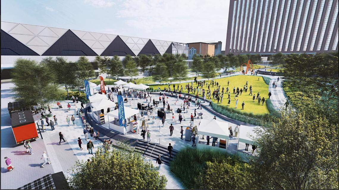 Rendering of the new $118 million Barney Allis Plaza. Thee project now under under construction downtown includes a 3.3-acre park surrounded by 2.5 acres of new streetscape. It is designed to replace the plaza and garage built in 1955.
