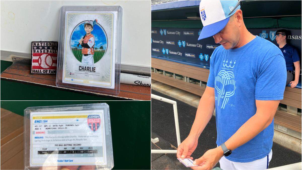 There’s a baseball card of a 4-year-old named Charlie in the Royals dugout, held here by Royals pitching coach Brian Sweeney. Star columnist Vahe Gregorian learned the story behind it.