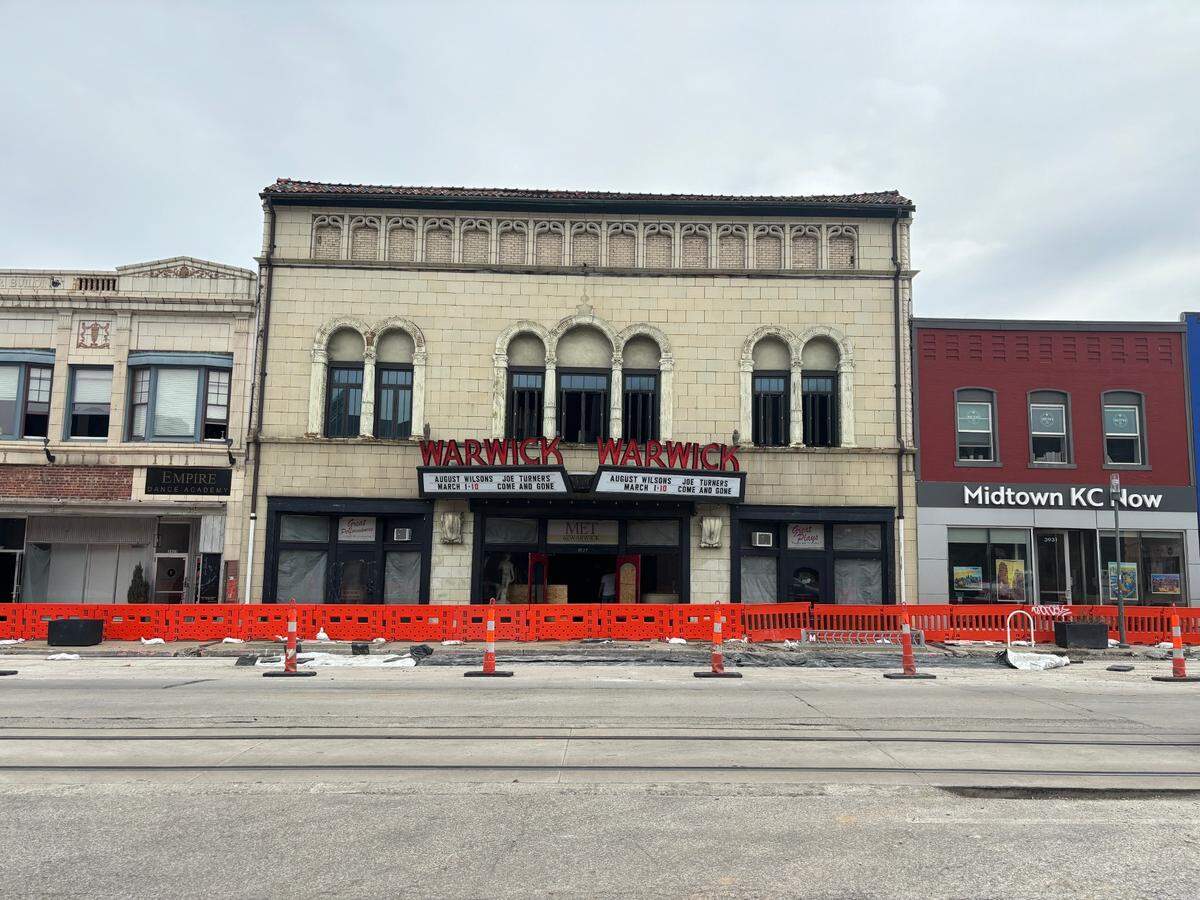 The facade of the Warwick Theatre in Kansas City’s Midtown after a fire ignited, causing significant damage to the theater’s interior on the morning of Feb. 7, 2024.