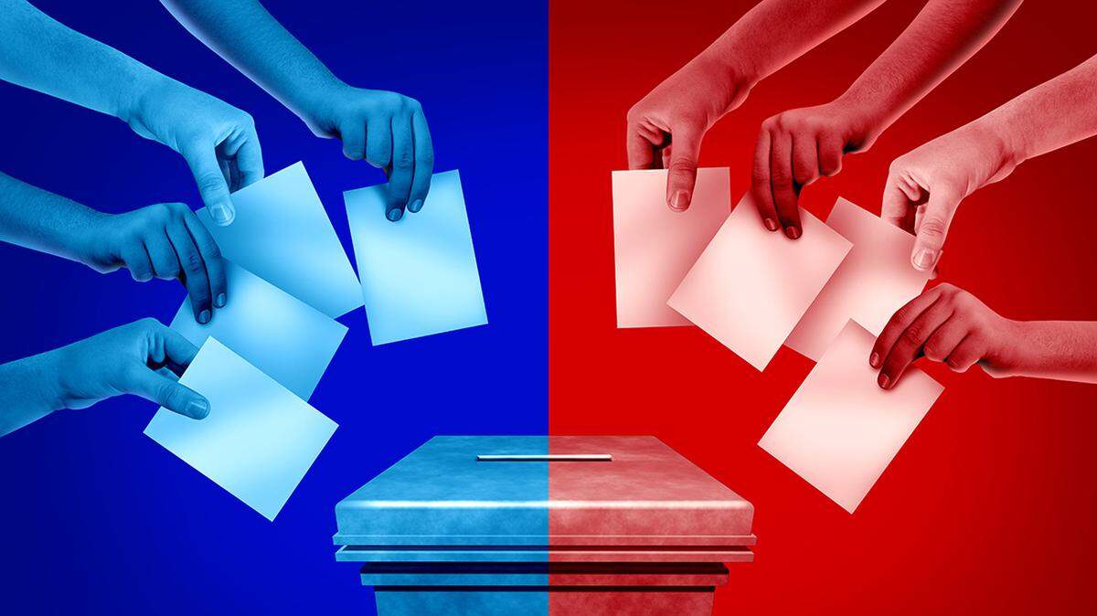 Divided voters with two American political groups and United States culture war between conservative society and liberal ideas as an election debate or US voter divisions with 3D illustration elements. partisan politics fight argue argument