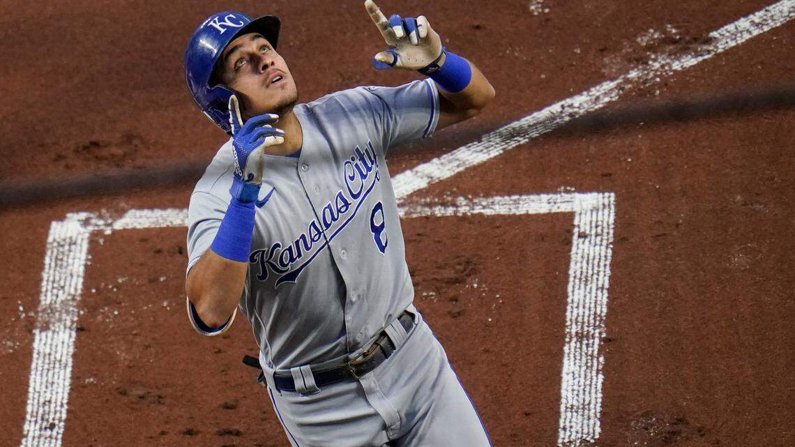 Kansas City Royals’ Nicky Lopez gestures after hitting a solo home run off Baltimore Orioles starting pitcher John Means during the first inning of a baseball game, Thursday, Sept. 9, 2021, in Baltimore. (AP Photo/Julio Cortez)