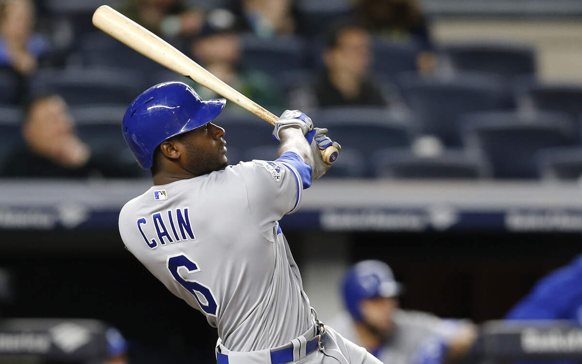 Kansas City Royals' Lorenzo Cain follows through on a three-run home run during the fifth inning of a baseball game against the New York Yankees at Yankee Stadium in New York, Tuesday, May 10, 2016. 