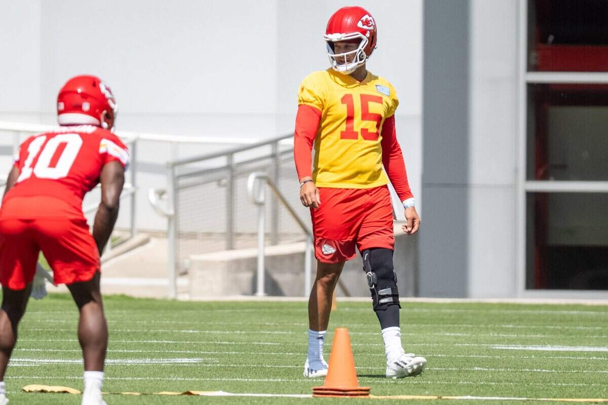 Kansas City Chiefs quarterback Patrick Mahomes watches a drill during Chiefs Minicamp on Tuesday, June 9, 2026, in Kansas City.
