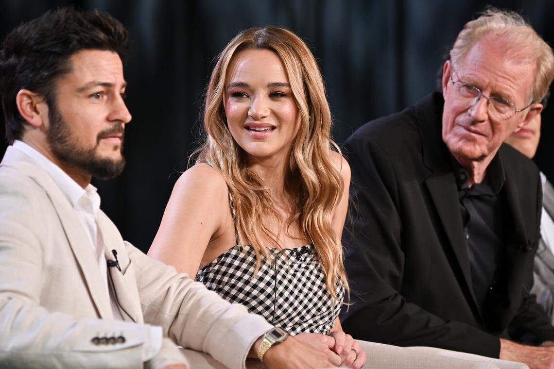 Tyler Hynes, left, Hunter King and Ed Begley Jr. attend the Hallmark Channel’s “Holiday Touchdown: A Chiefs Love Story” presentation in Pasadena, Calif., on Thursday.