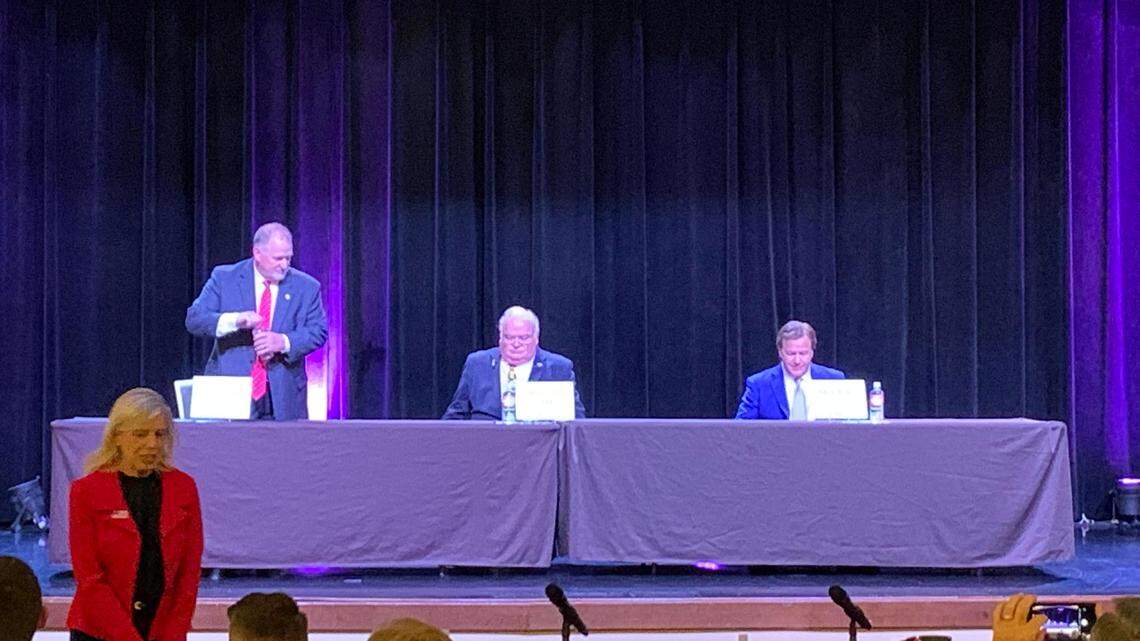 Missouri Senate President Pro Tem Dave Schatz, left, U.S. Rep. Billy Long and St. Louis lawyer Mark McCloskey as a Republican U.S. Senate debate begins Tuesday night in Springfield.