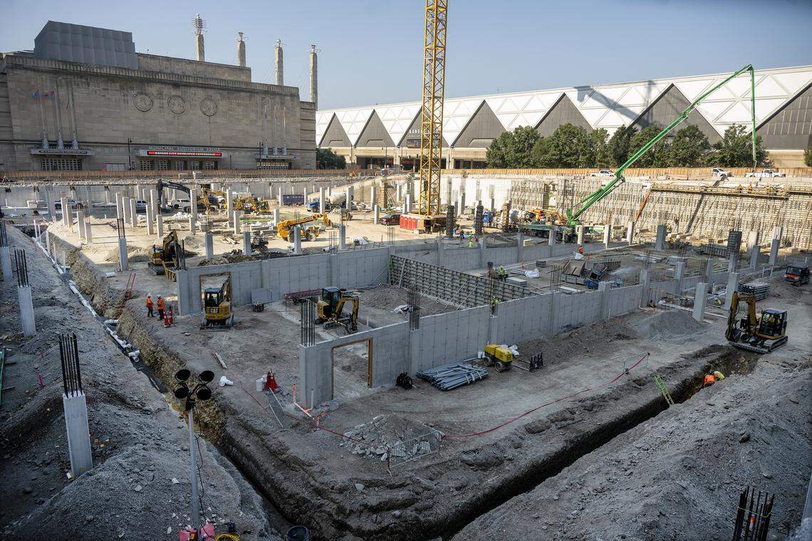 Construction is underway on the new $118 million Barney Allis Plaza redevelopment project, seen here in August, one year into the 26-month project. Completion is slated for the fourth quarter of 2026 by Dec. 3