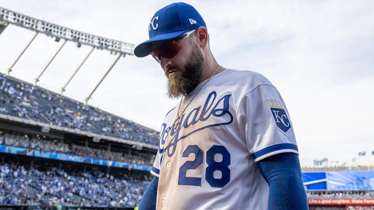 Kansas City Royals center fielder Kyle Isbel (28) walks off the field after winning 3-1 against the Minnesota Twins in the home opening game at Kauffman Stadium on Monday, March 30, 2026, in Kansas City.