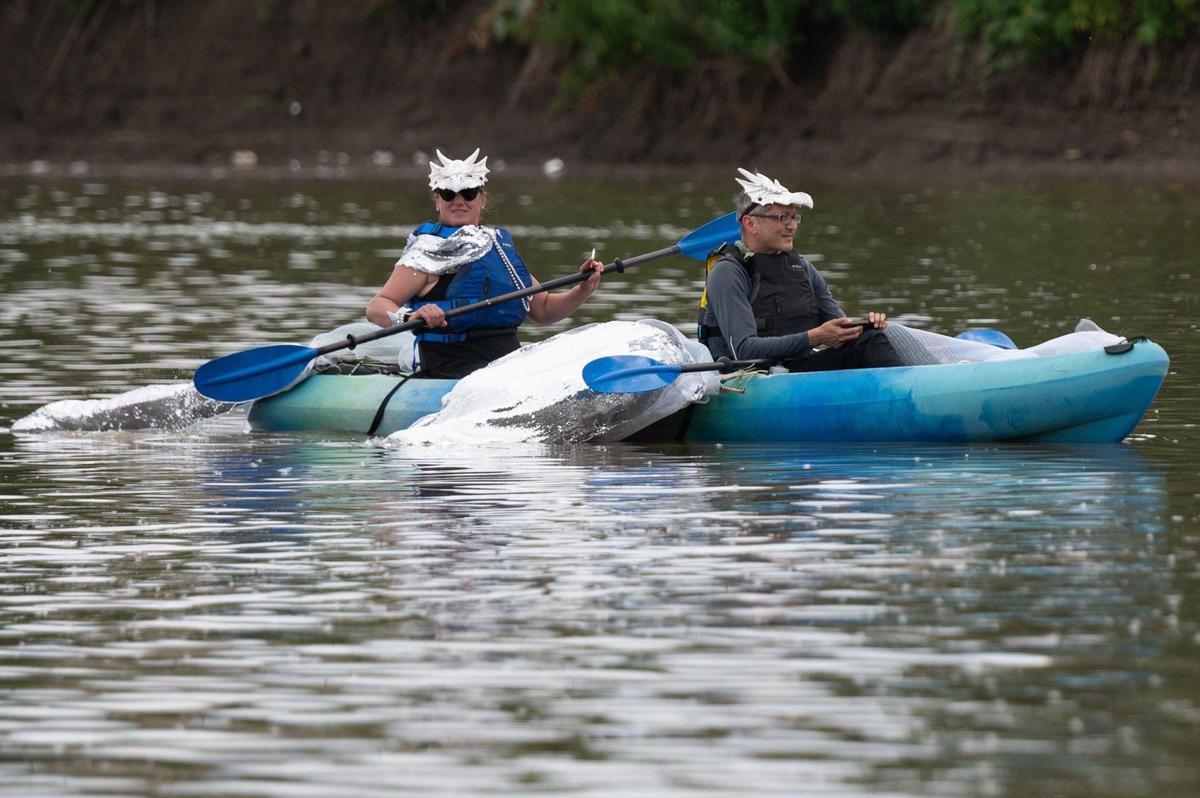 Tessa and Patrick Sullivan begin their journey down the Missouri River from Kaw Point on Saturday, June 8, 2024, starting at Kaw Point and traveling down the Missouri River to the Riverfront Park boat ramp in Kansas City.