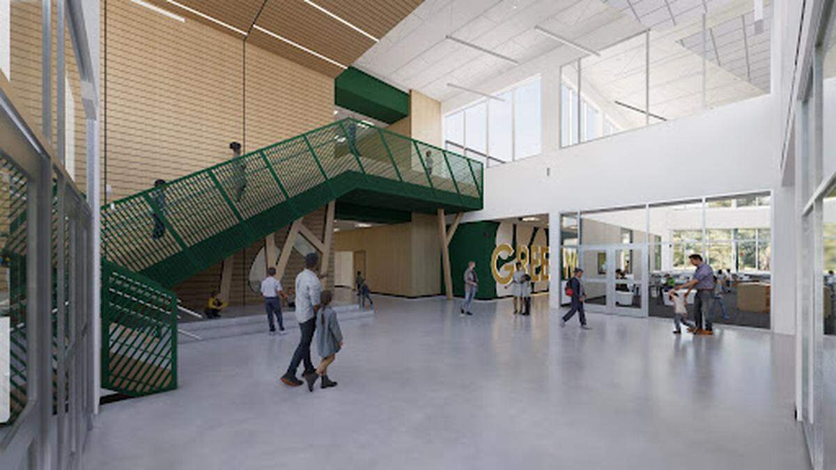 A drawing of the entry area for the new Greenwood Elementary includes more windows and square footage than the current school.
