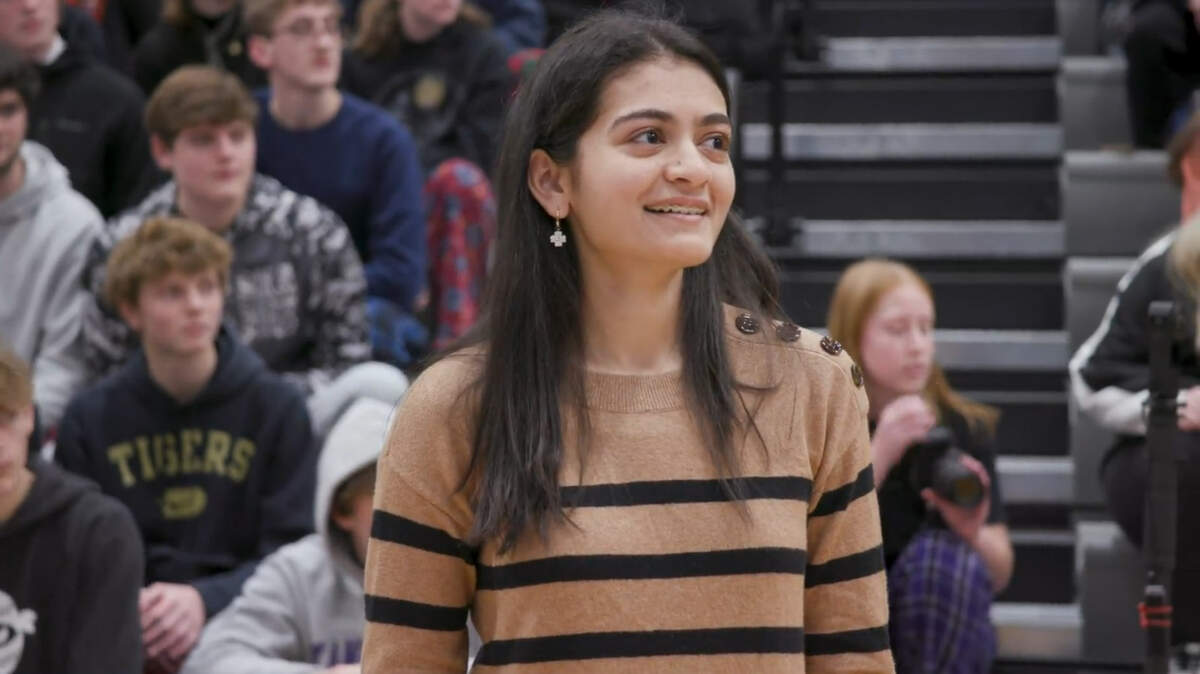 Noor Haideri was honored for winning the Breakthrough Junior Challenge at an all-school assembly at Blue Valley High School on Feb. 2.
