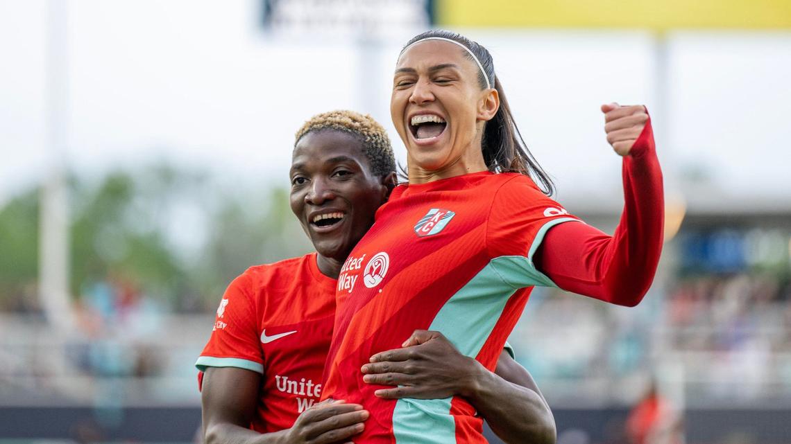 Kansas City Current forward Bia Zaneratto (9) celebrates a goal in the first half with forward Temwa Chawinga (6) during an NWSL game against Bay FC on Saturday, April 20, 2024, in Kansas City.