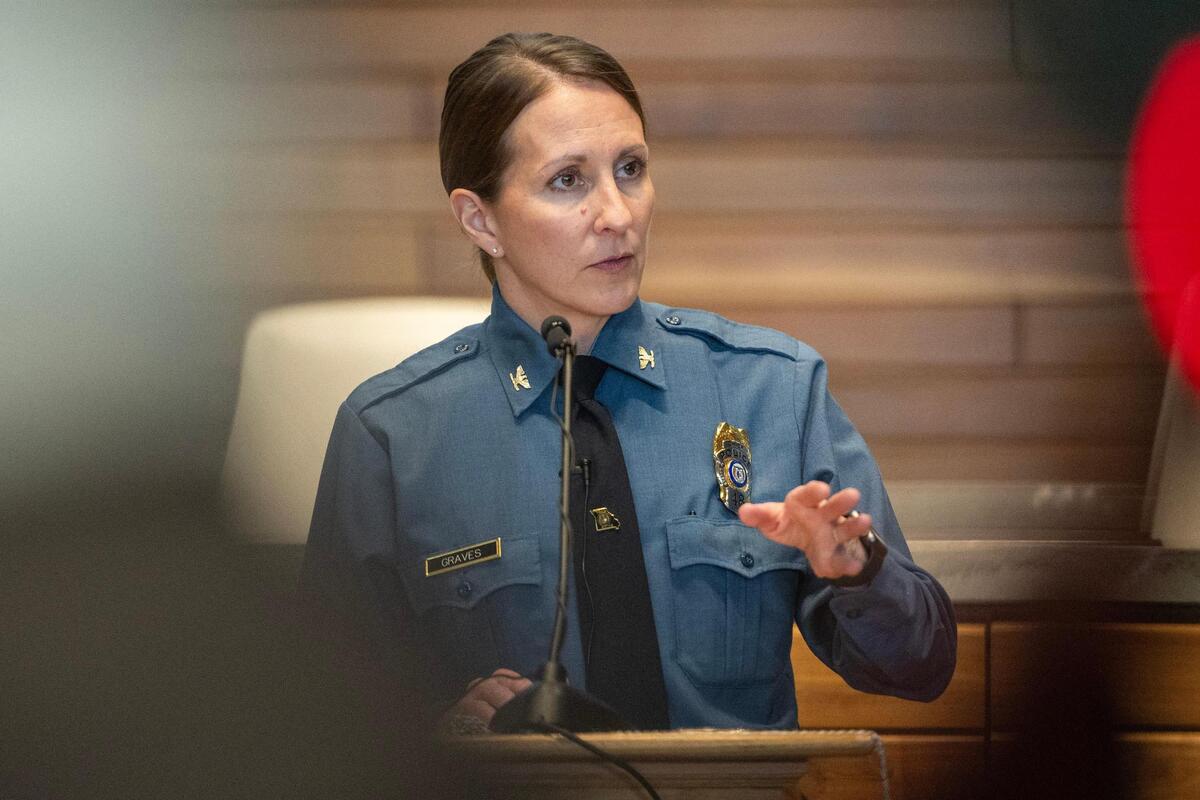 Kansas City Police Chief Stacey Graves answers questions during a press conference at KCPD Headquarters on Wednesday, Jan. 3, 2024, in Kansas City. Chief Graves addressed the media, discussing the violent crime trends in 2023 and outlined safety measures for the upcoming year.