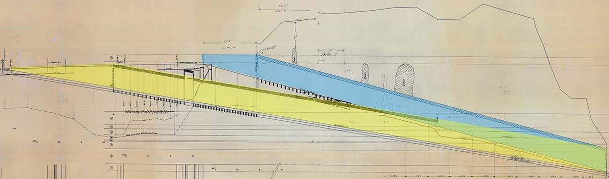 Diagram showing the Eighth Street tunnel with the original route highlighted in blue and the redesigned route in yellow, 1903.
