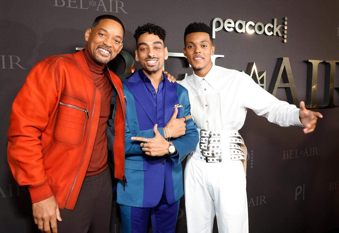 Will Smith, Morgan Stevenson Cooper and Jabari Banks attend Peacock's "BEL-AIR" premiere party and drive-thru screening experience at Barker Hangar on February 09, 2022 in Santa Monica, California.
