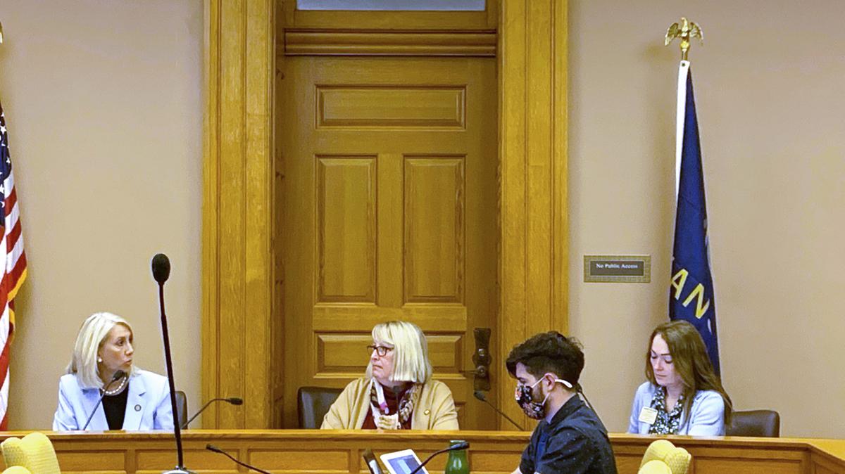 Sen. Renee Erickson, R-Wichita, Sen. Molly Baumgardner, R-Louisburg, and Rep. Kristey Willians, R-Augusta, discuss a measure to ban transgender people from girls sports in this 2021 file photo. Erickson is leading another attempt to pass a ban this year.