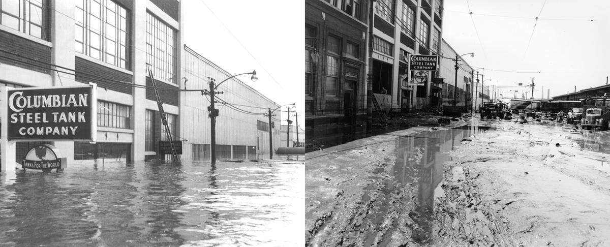 Columbian Steel Tank Co. building at 12th and Liberty streets during the flood, left, and afterward.