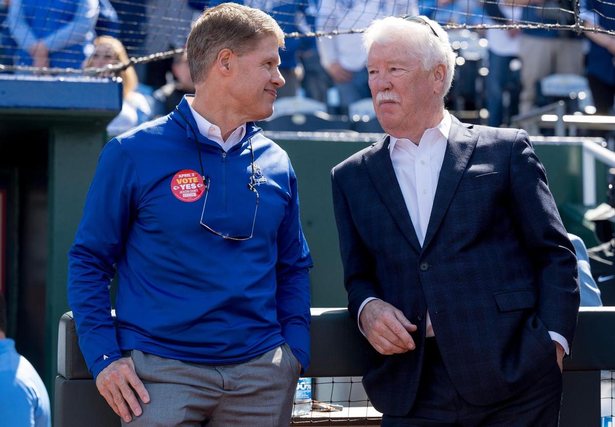 Chiefs chairman and CEO Clark Hunt, left, chats with Royals owner John Sherman before the opening day game at Kauffman Stadium, just days before Election Day.