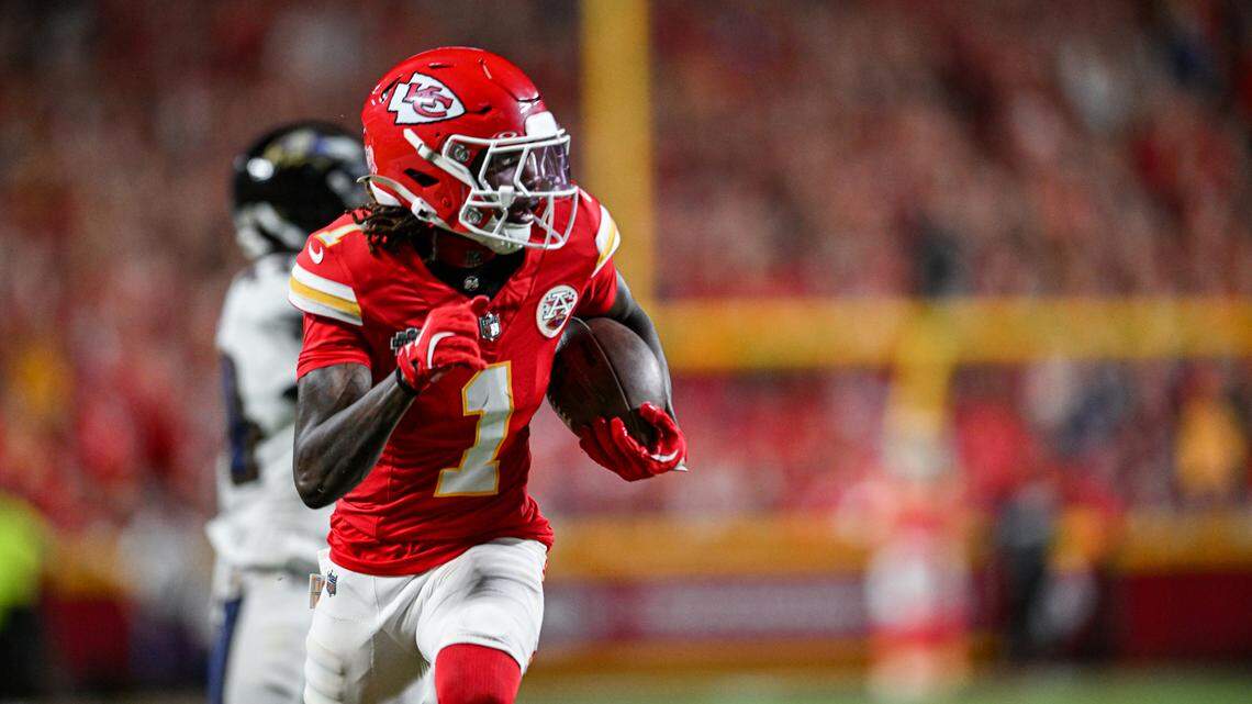 Kansas City Chiefs wide receiver Xavier Worthy runs in for a touchdown after making a catch in the fourth quarter against the Baltimore Ravens Thursday, Sept. 5, 2024, at GEHA Field at Arrowhead Stadium.