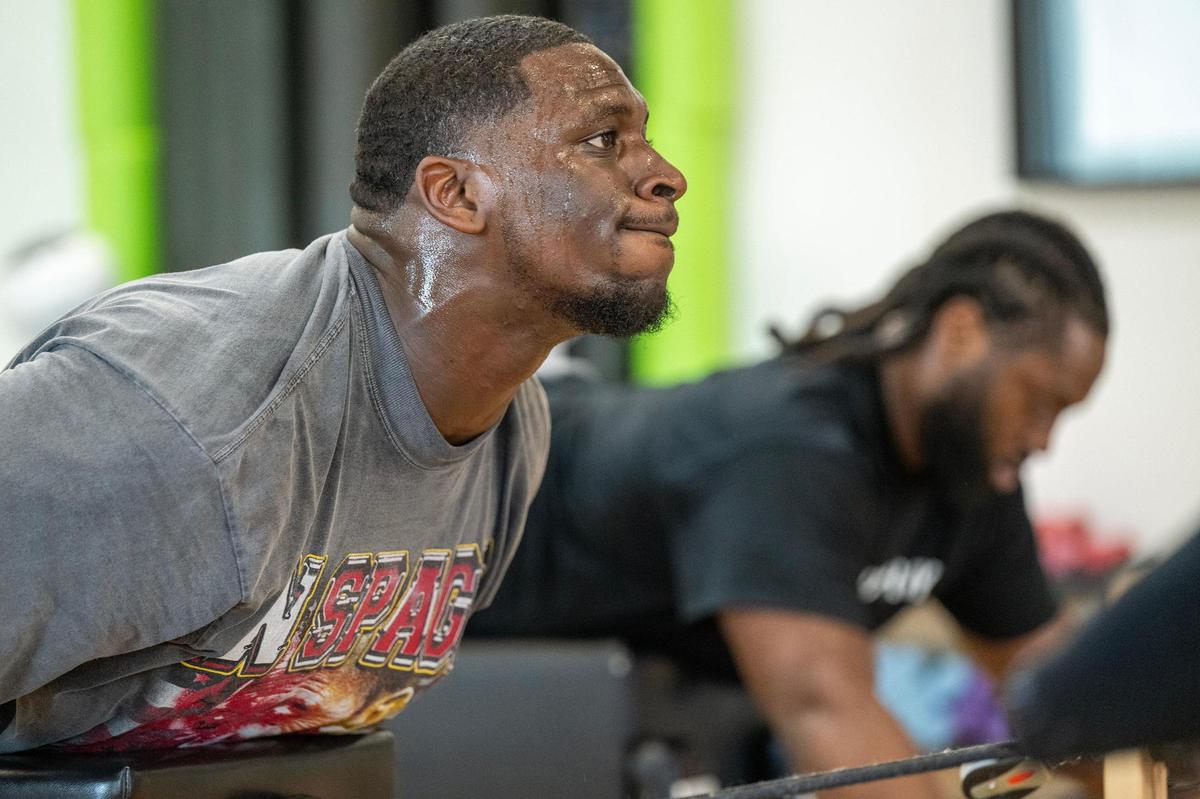 Chiefs defensive tackle Tershawn Wharton, left, and Derrick Nnadi work out on during a class at Pilates By Kahley on Tuesday, Oct. 29, 2024, in Overland Park.