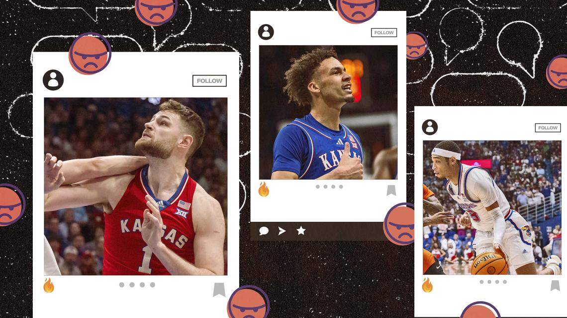Photo illustration with images of KU basketball players Hunter Dickinson, Zeke Mayo, and DaJuan Harris