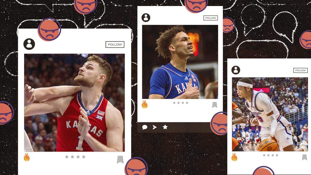 Photo illustration with images of KU basketball players Hunter Dickinson, Zeke Mayo, and DaJuan Harris