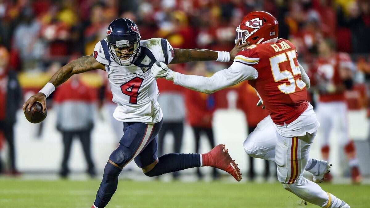 Chiefs defensive end Frank Clark finally got a hold of Houston Texans quarterback Deshaun Watson during second half of the AFC Divisional playoff game between Kansas City and Houston Texans on Jan. 12, 2020. The Chiefs defeated the Texans 51-31.