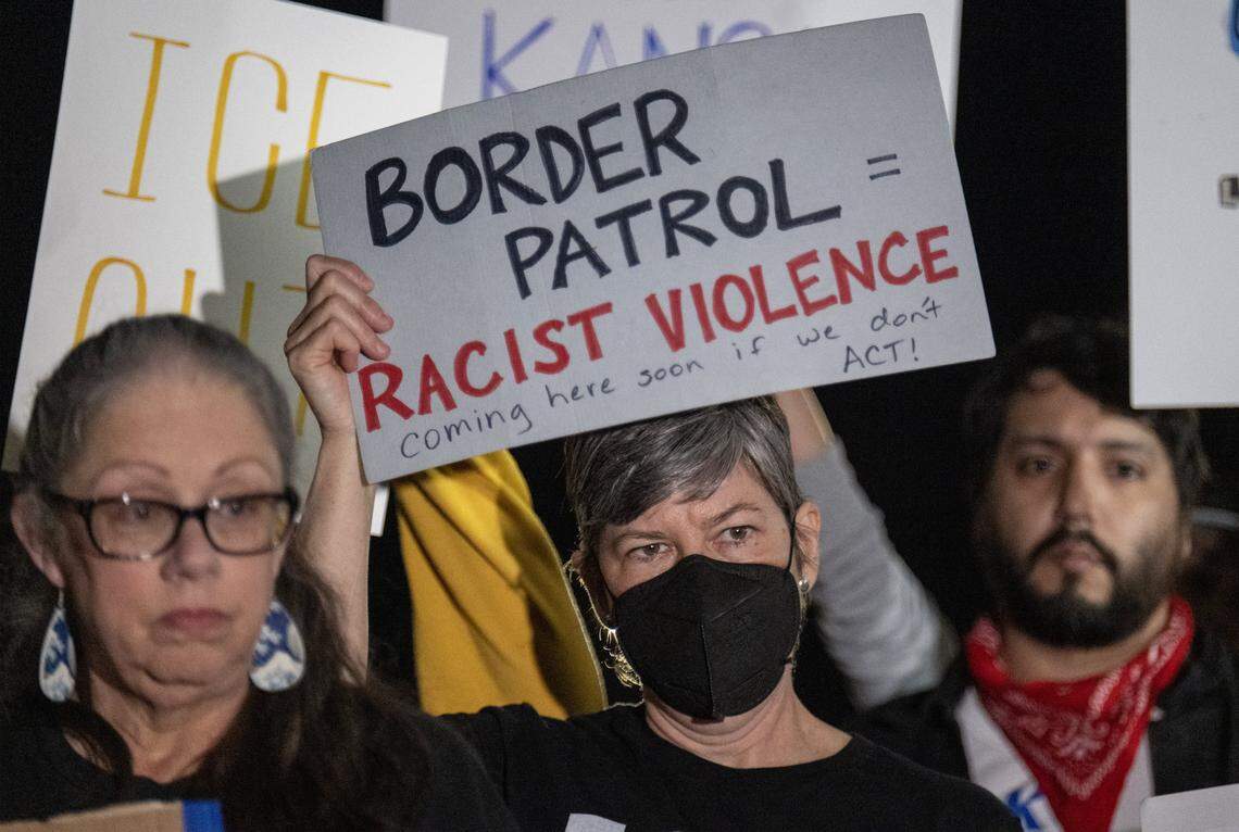Anti-ICE protesters gathered outside of Leavenworth City Hall after the Leavenworth city commission meeting which approved a zoning permit Tuesday, March 10, 2026, that allows CoreCivic, a private prison company, to reopen its facility as an ICE detention center.