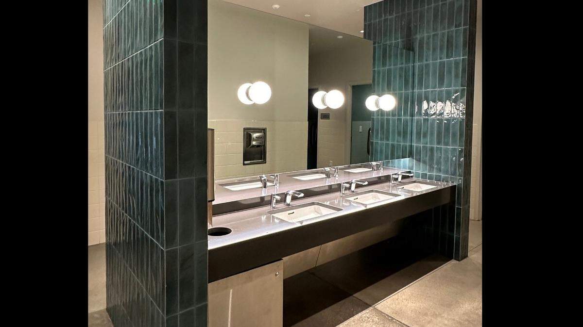 The sinks inside the Kansas City Zoo’s Sobela Ocean Aquarium bathroom.