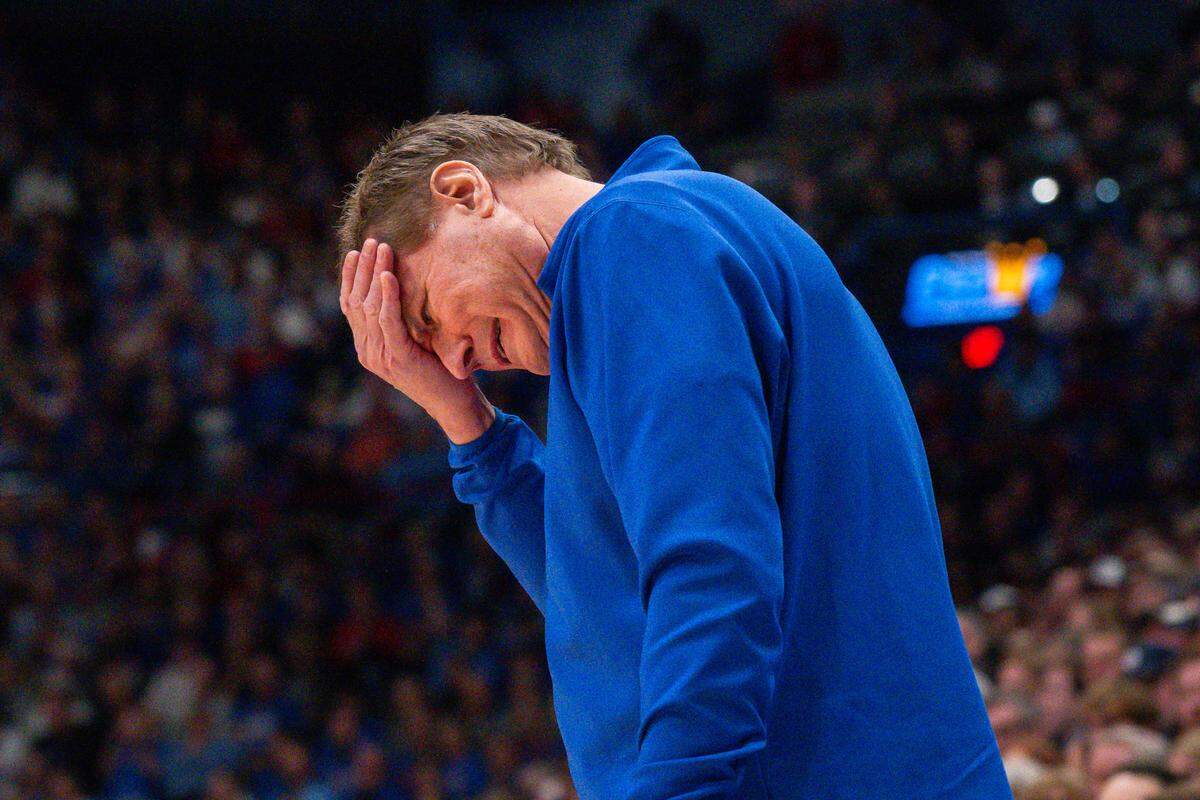 Kansas Jayhawks head coach Bill Self puts his head in his hands after a foul call in the second half vs. the Houston Cougars on Monday, February 23, 2026, at Allen Fieldhouse.