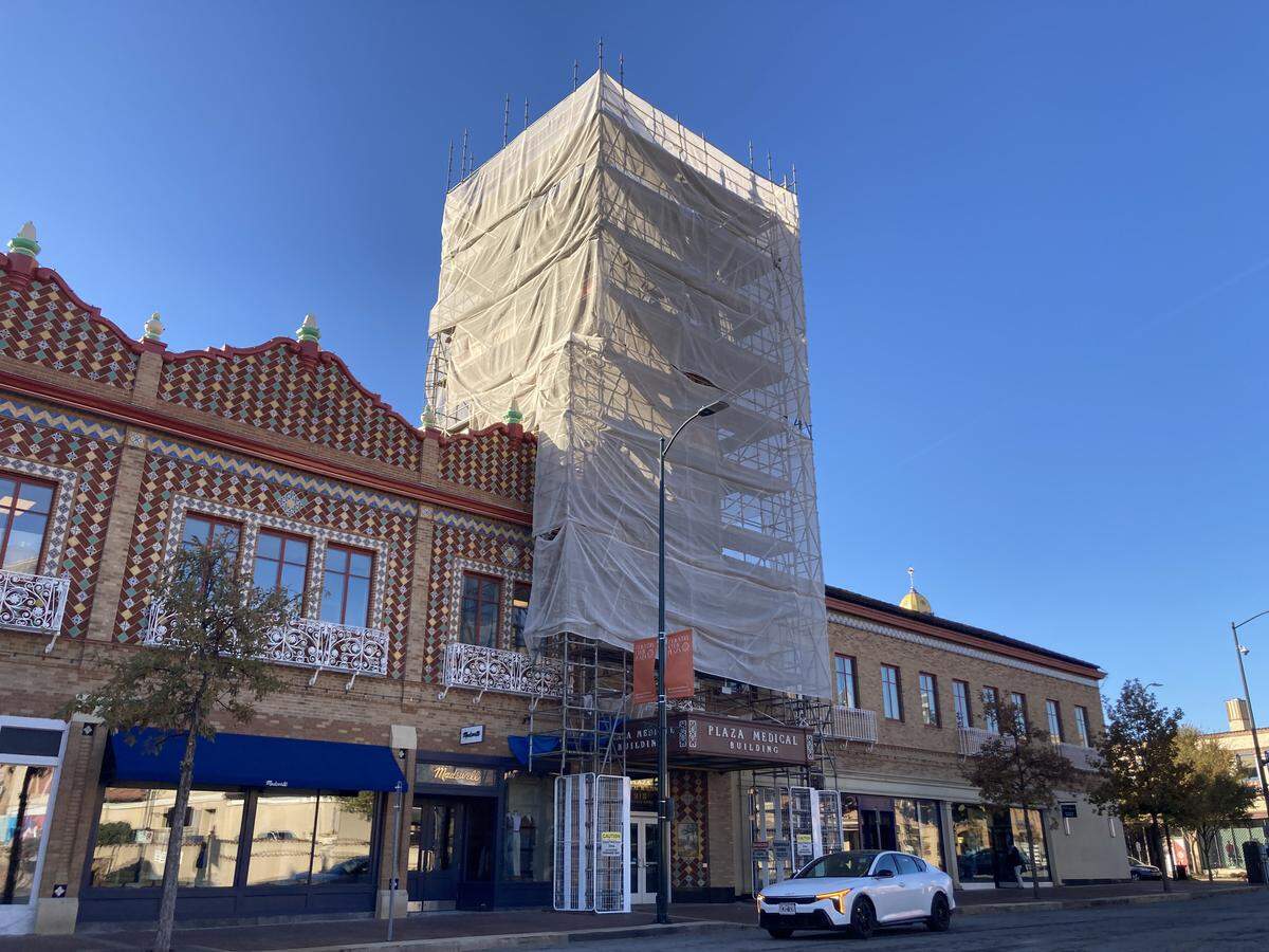 A tower on the Plaza Medical Building, 315 Nichols Road, on the Country Club Plaza undergoes facade work in November 2025.