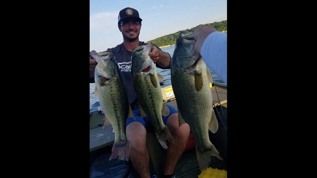 Brock Reinkemeyer (pictured) and his fishing partner, Drew Schrader, had a good evening during a recent Lake Jacomo bass tournament. Brock’s advice was to pay attention to your graphs and don’t be afraid to throw multiple baits to keep the schools fired up.