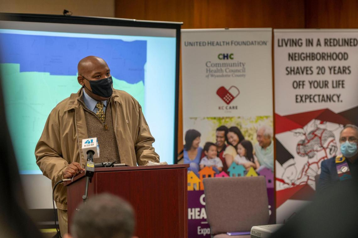 Kansas City, Kansas, Mayor, Tyrone Garner, speaks during a press conference at the Community Health Council of Wyandotte County in Kansas City, Kan., on Friday, Feb. 4, 2022. Community leaders are supporting Gov. Laura Kelly’s veto of SB 355 which calls for redistricting a big portion of Wyandotte County out of the 3rd Congressional District and putting it in the 2nd District.