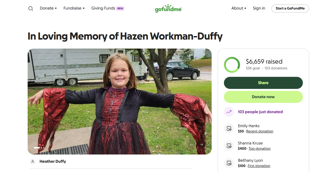 A screenshot of the GoFundMe posted to help support Hazen Workman-Duffy’s family after she was killed by a van Tuesday as she was biking to school in south Kansas City.