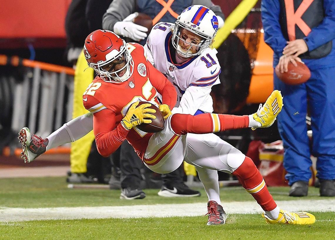Kansas City Chiefs free safety Juan Thornhill was close to picking off a pass intended for Buffalo Bills wide receiver Cole Beasley in the first quarter but it was called incomplete Sunday, January 24, 2021, during the AFC Championship Game at Arrowhead Stadium in Kansas City, Missouri.