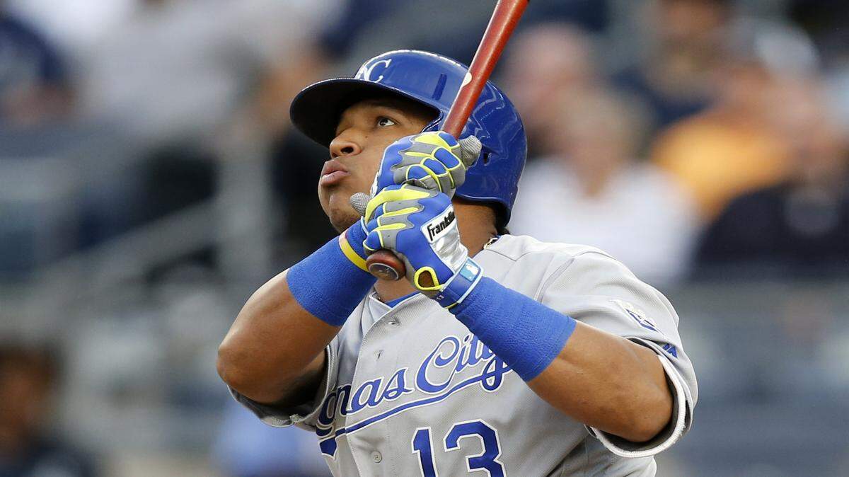 Kansas City Royals Salvador Perez watches his first-inning, three-run, home run off New York Yankees starting pitcher Michael Pineda in a baseball game at Yankee Stadium in New York, Wednesday, May 11, 2016. 