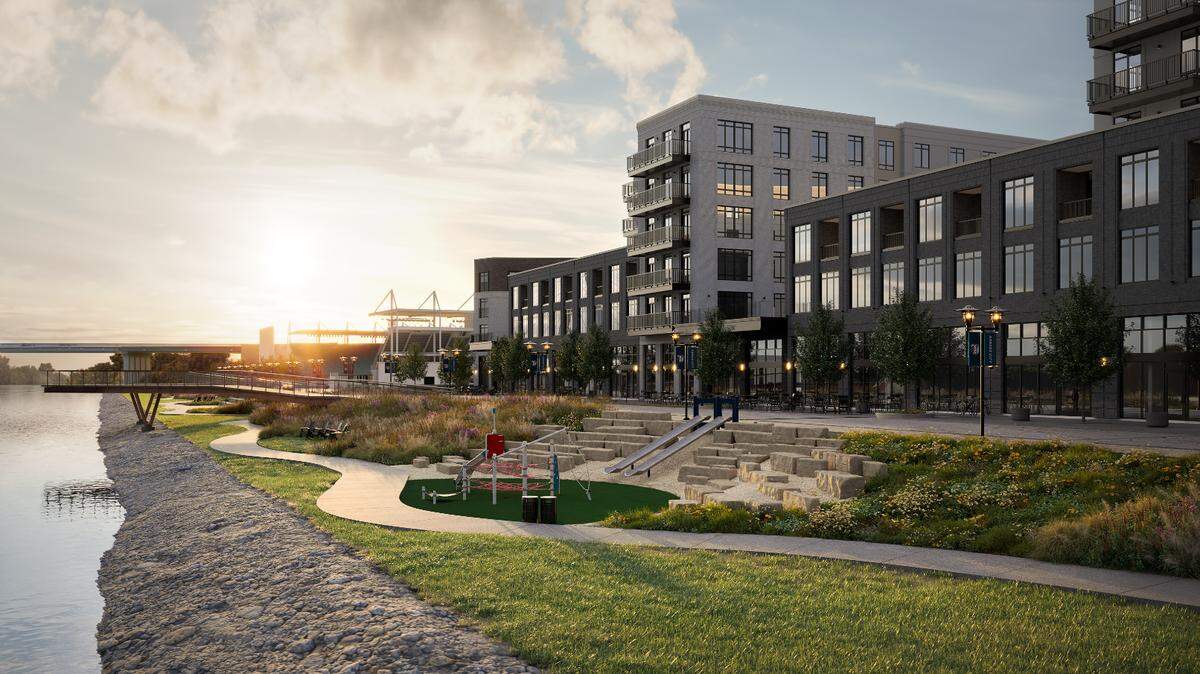 A rendering of the proposed new Levee Park along the Missouri Riverfront in the transforming Berkley Riverfront area.