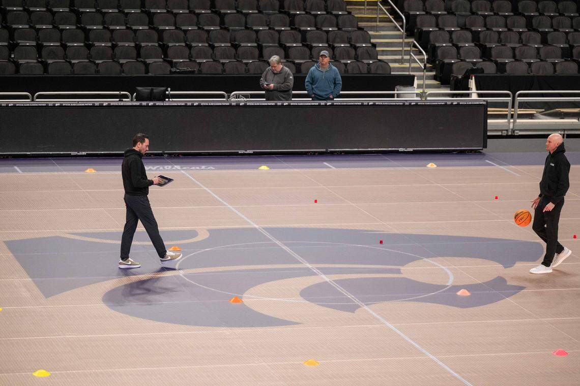 Chris Thornton, CEO of ASB Glassfloor, stands on the companies state-of-the-art glass LED basketball court, on Monday, March 2, 2026, at T-Mobile Center. The court, which has never been used for a NCAA game, will be used throughout the Big 12 tournament.