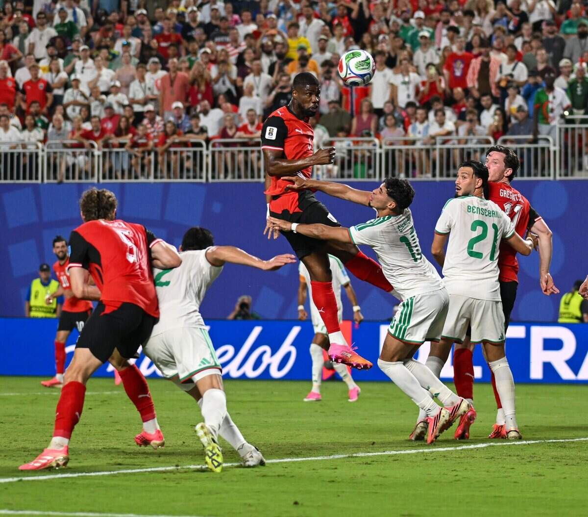 Austria defender Kevin Danso (3) head the ball during the World Cup game between Algeria and Austria at Kansas City (Arrowhead) Stadium on Saturday, June 27, 2026.
