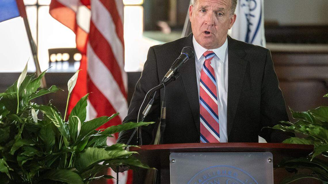After being sworn in as interim Jackson County Executive by Phil LeVota addresses the crowd on hand at the Historic Truman Courthouse in Independence on Thursday, October 16, 2025. He replaces Frank White, who was removed by voters in a recall election.