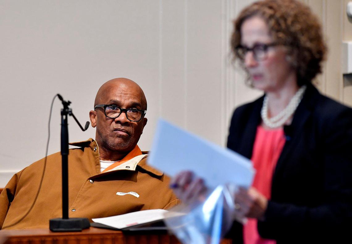 Ronald Richardson, left, the former husband of the late Cynthia Douglas, testifies Tuesday during the evidentiary hearing regarding the innocence of Kevin Strickland, who has been incarcerated for the past 43 years. Strickland has denied any involvement in the 1978 triple murder in Kansas City for which he remains imprisoned. Douglas was the only eyewitness of the murders.