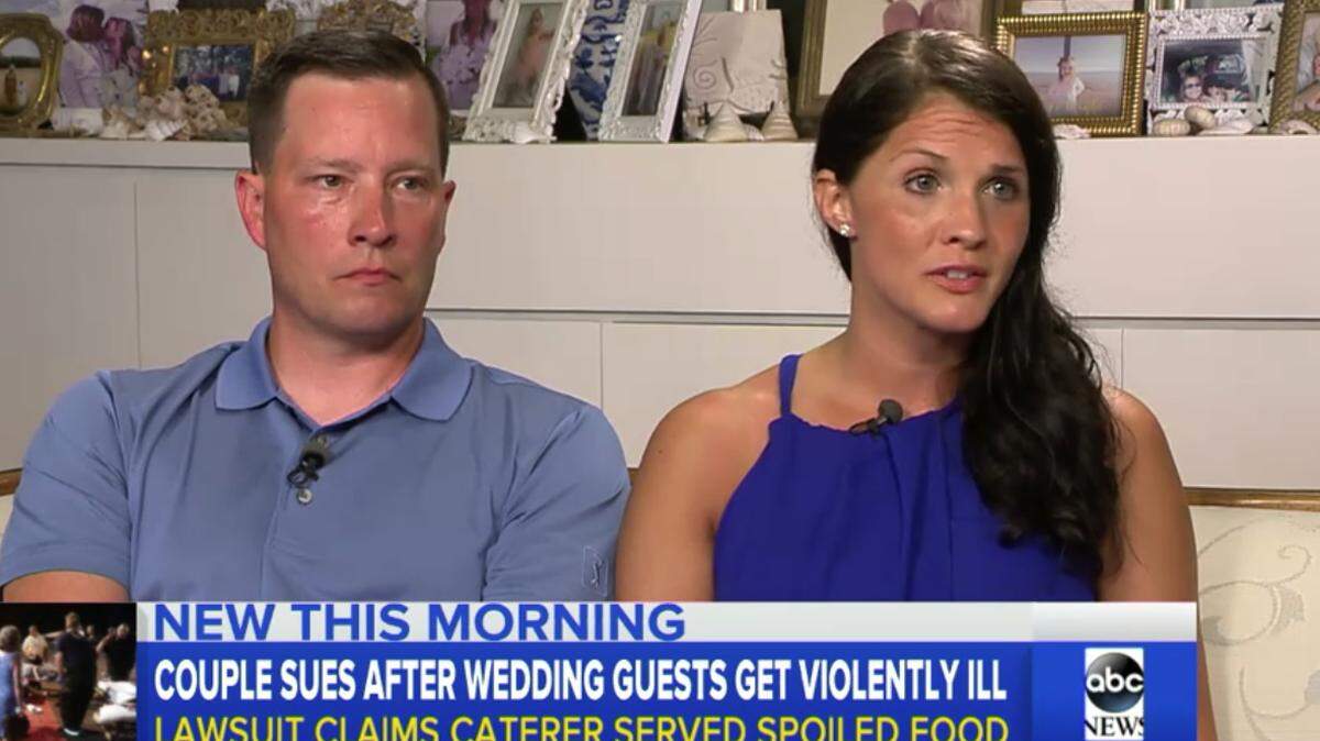 A New York state couple have sued the barbecue restaurant that catered their wedding reception three years ago where they say about 100 guests got sick. The couple blame the macaroni and cheese, which the caterer denies.