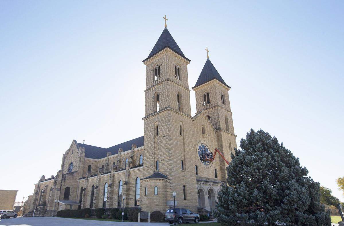 The 100-year-old St. Fidelis Catholic Church in Victoria, Kan., the "Cathedral of the Plains," is made of limestone.