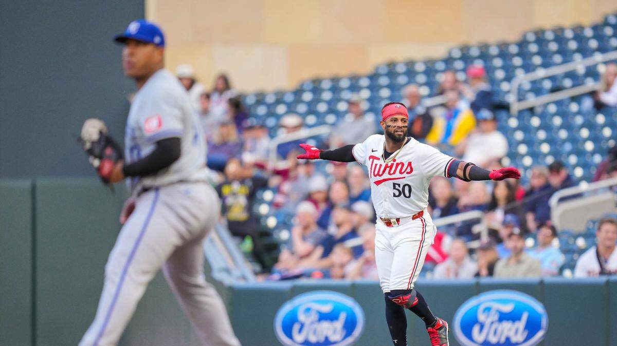 Minnesota Twins outfielder Willi Castro (50) is out at first against the Kansas City Royals in the third inning at Target Field on May 28, 2024.